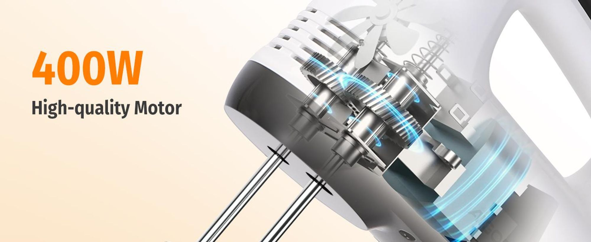 Aigostar Pudding- Handrührgerät, 6 Geschwindigkeiten Handmixer, 400W Ultra Power, Turbolader. Ausgestattet mit 2 Schneebesen, 2 Knethaken, Schneebesen und Aufbewahrungsbox, Zubehör spülmaschinenfest.
