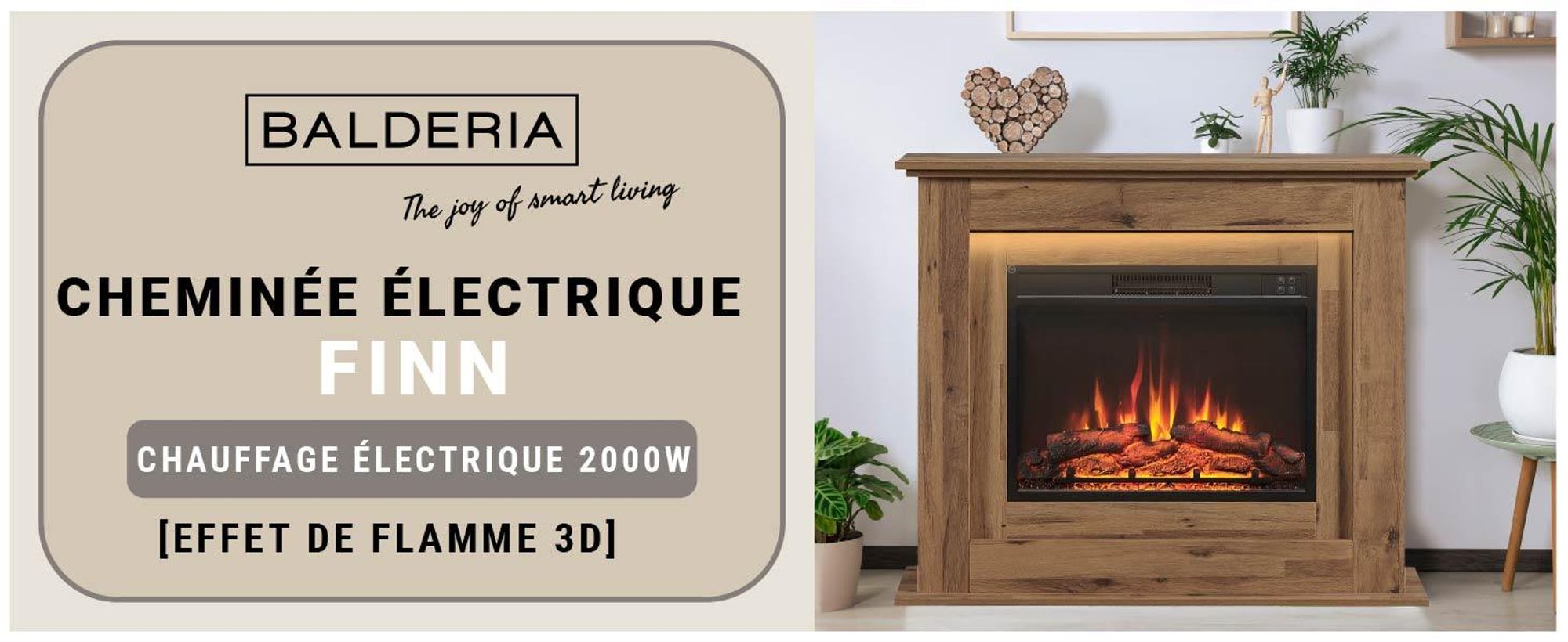 Cheminée électrique sur pied BALDERIA Finn – Puissance de chauffage jusqu'à 2 000 W, chêne foncé