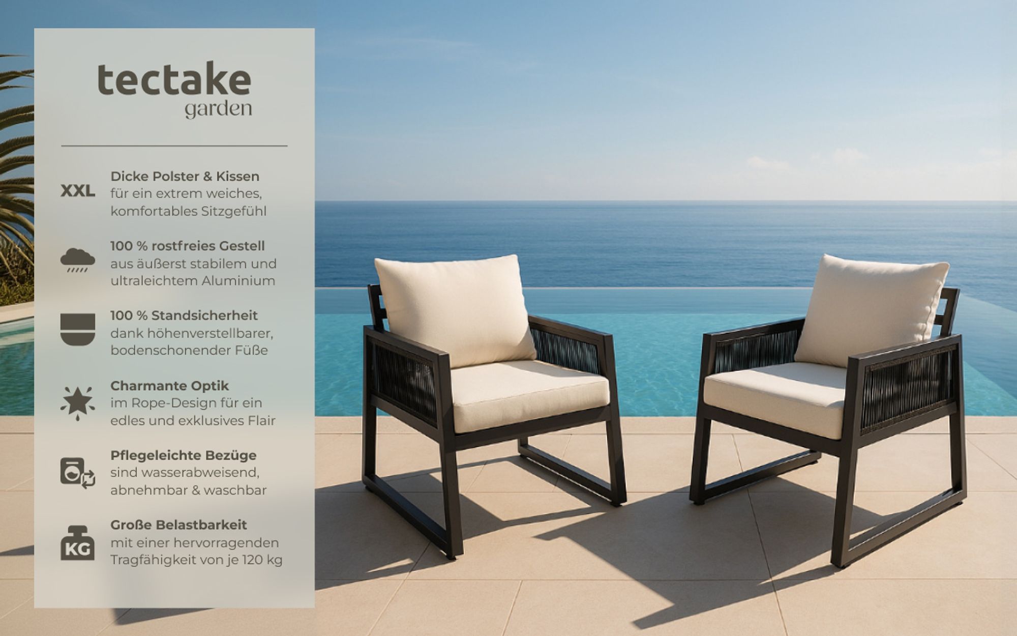 tectake® Aluminium Garten-Lounge Set Captive im Rope-Design