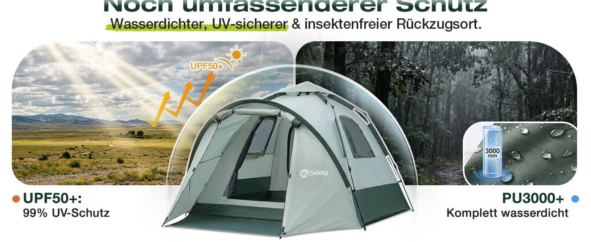 Sekey Kuppelzelt 4 Personen mit Vorzelt & Markise, Pop Up Campingzelt, Wasserdicht PU3000 mm, UPF 50+, Familienzelt