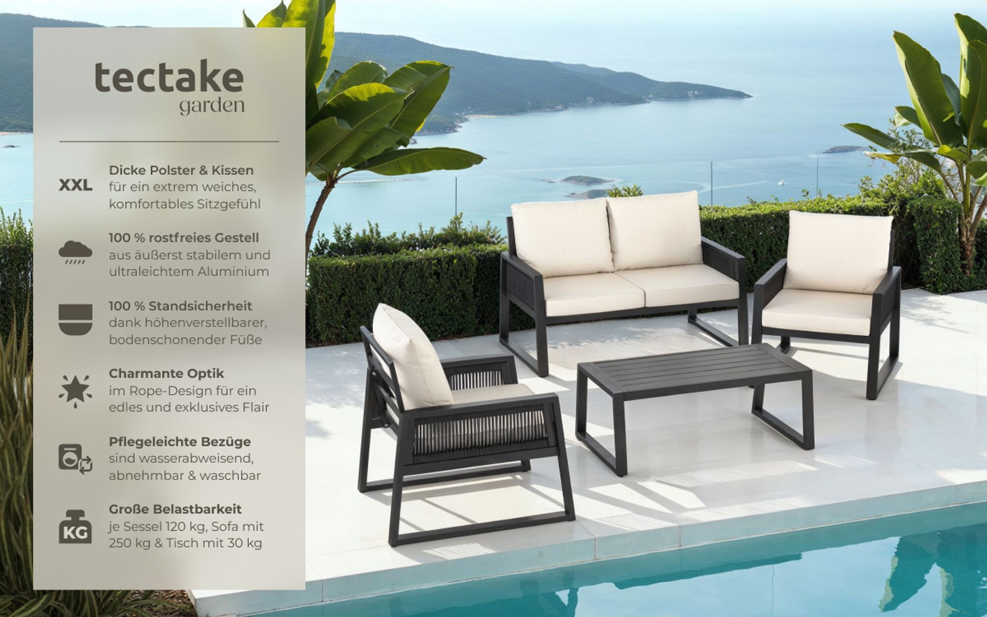 tectake® Aluminium Garten-Lounge Set Captive im Rope-Design