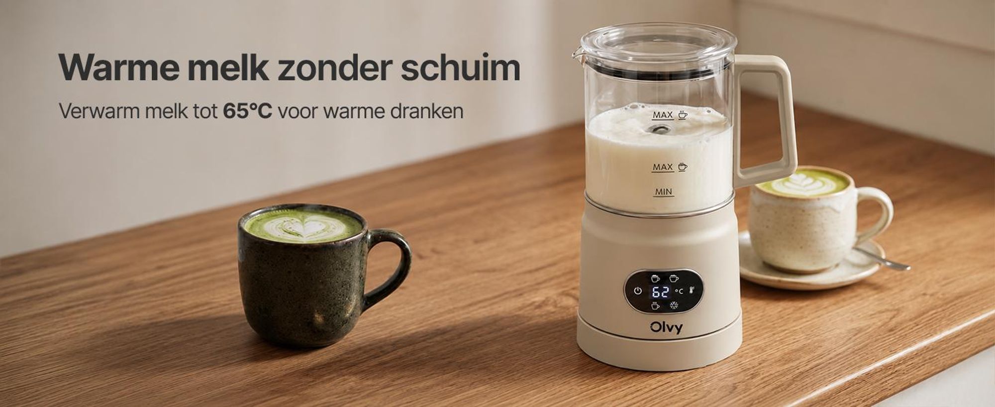 Olvy Elektrische melkschuimer van glas, 4-in-1, 500W, met temperatuurindicator, 160 ml melkschuim, 400 ml verwarmde melk, voor warme en koude melkschuim, beige