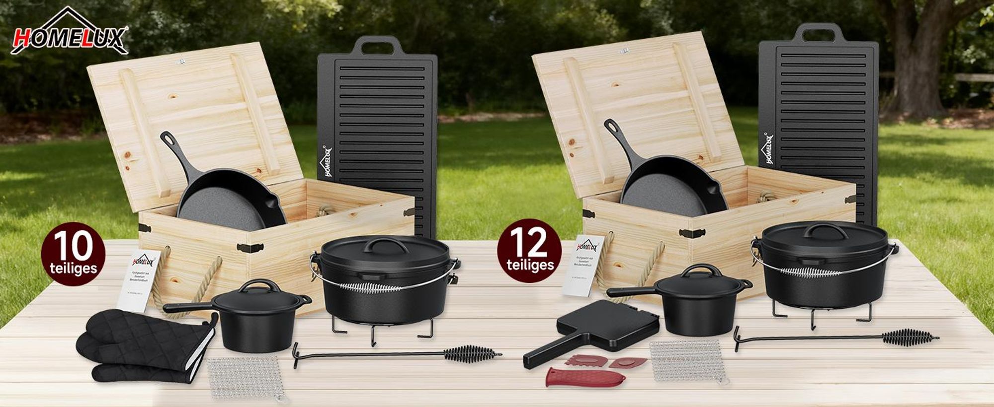 HOMELUX 12-teiliges Dutch Oven Set in Holzkiste, Kochtopf, Pfanne, Saucentopf, Wende-Grillplatte, Waffeleisen, Stapelrost, Ringreiniger, Schaber Set