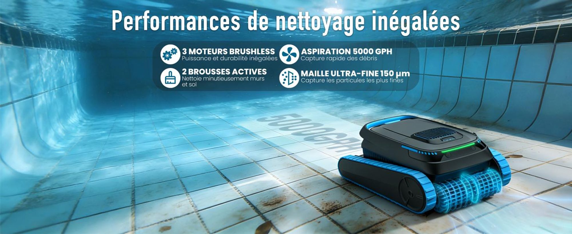 Robot de piscine AIRROBO CP40 pour sol et parois avec application, autonomie de 120 minutes, surface de nettoyage de 170 m², navigation intelligente, fonction d'auto-stationnement