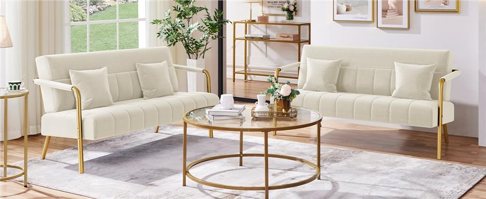 Yaheetech 2-Sitzer Polstersofa für Wohnzimmer, mit Armlehnen & Metallbeinen, Doppelsofa mit 2 Kissen, Beige