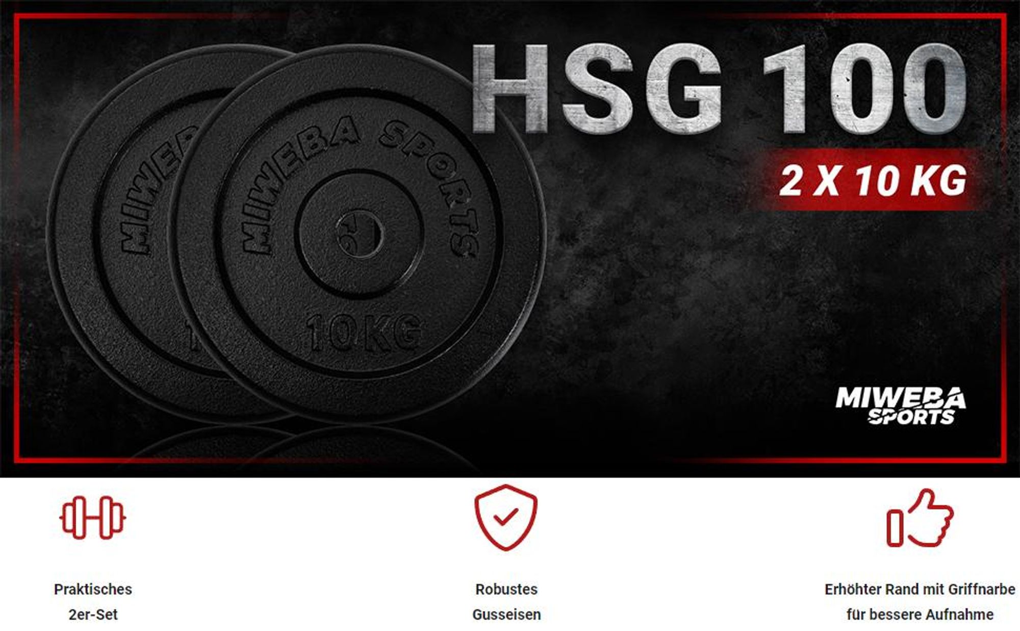 Miweba Sports Hantelscheiben Set | Gusseisen - Hantelgewichte - Gewichtsscheiben - Fitness Scheiben - Gewichte für Hantel - Ø30mm - Schwarz - 2x10 kg