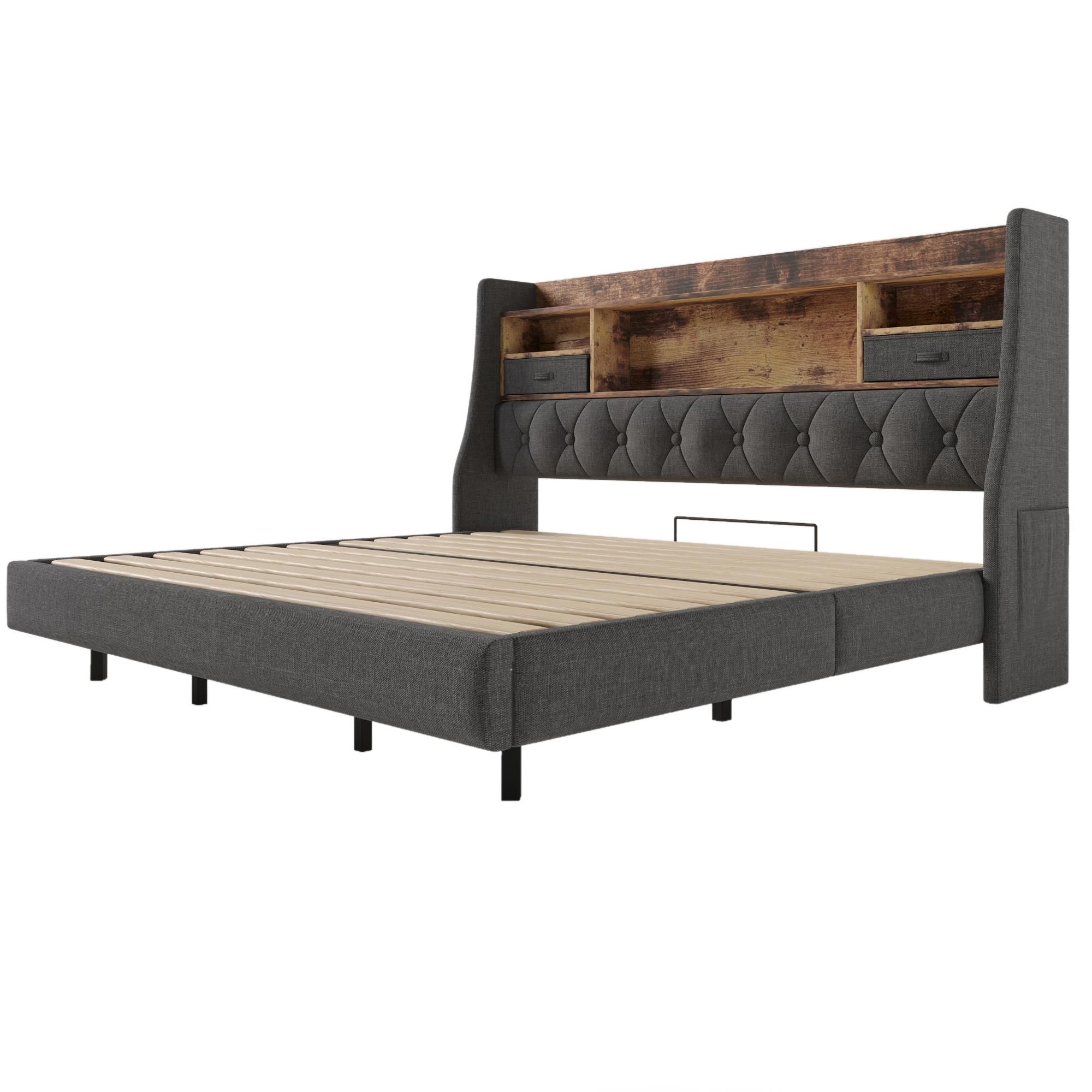 Flieks Polsterbett 140x200cm mit USb & Type-c, Doppelbett Jugendbett mit Led, Holzbett Stauraumbett mit Ablagen und Schubladen, Leinen, Grau