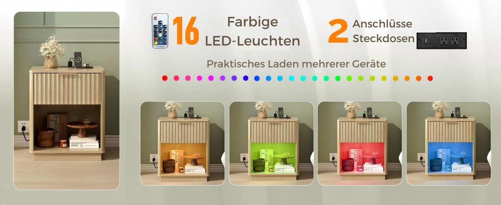 FCH Nachttisch mit Ladestation und LED, 2er Set, Beistelltisch mit offenem Fach, Eiche