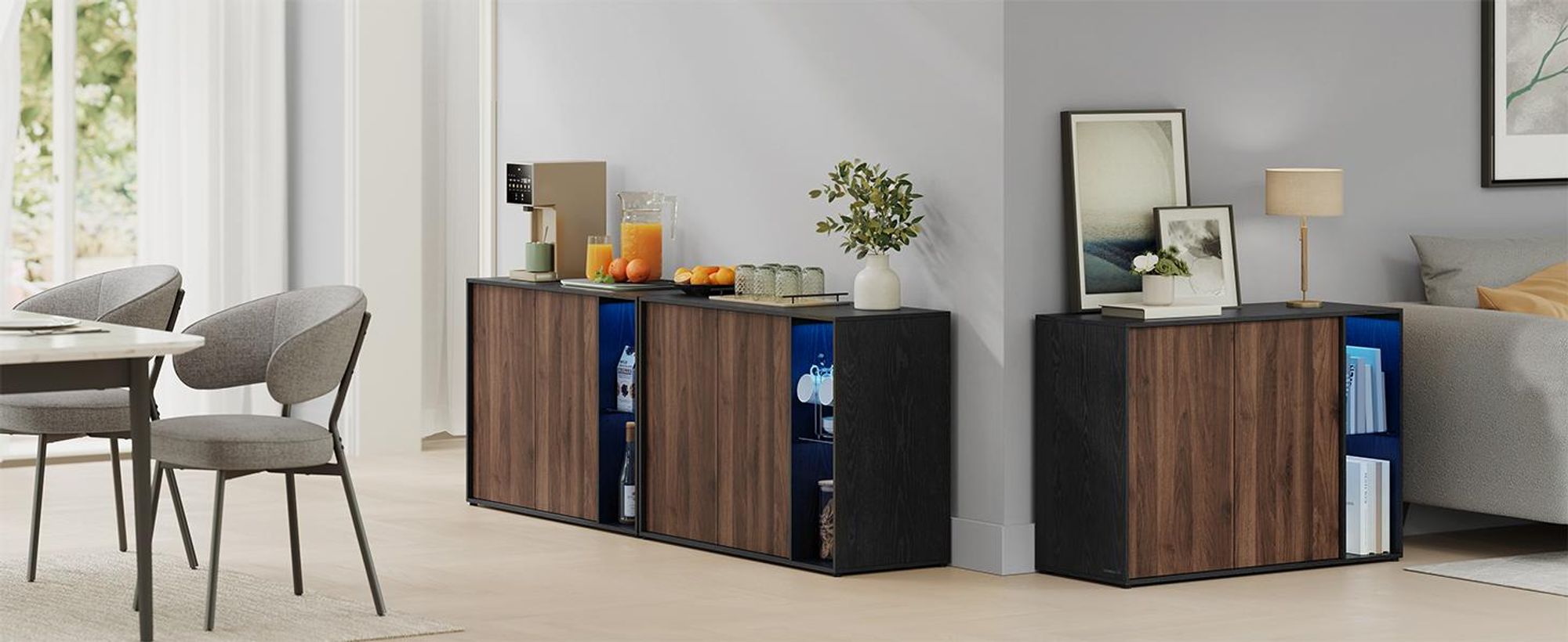SONGMICS HOME Superrychlá montáž bez použití nářadí, příborník s osvětlením, úložná skříňka, TV skříňka, skleněná police, beznástrojová technologie