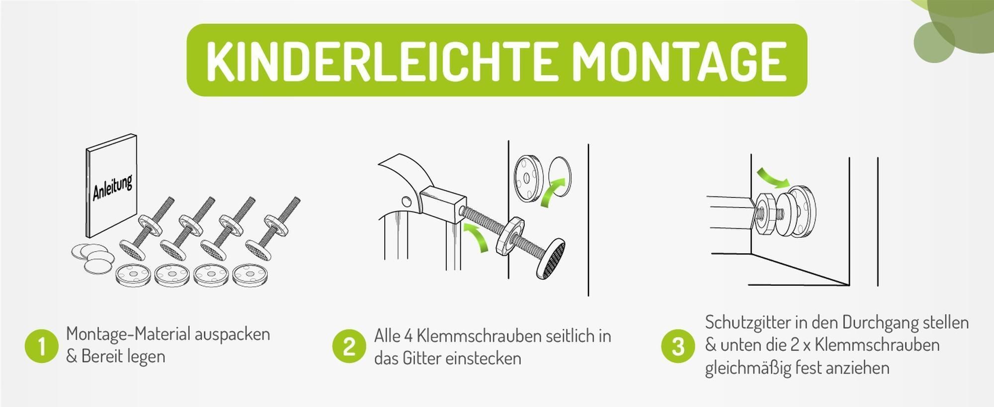 BOMI® Türschutzgitter Ohne Bohren 63-251 cm | 90° Feststellfunktion | Schließt automatisch | Kinderschutzgitter zum Klemmen