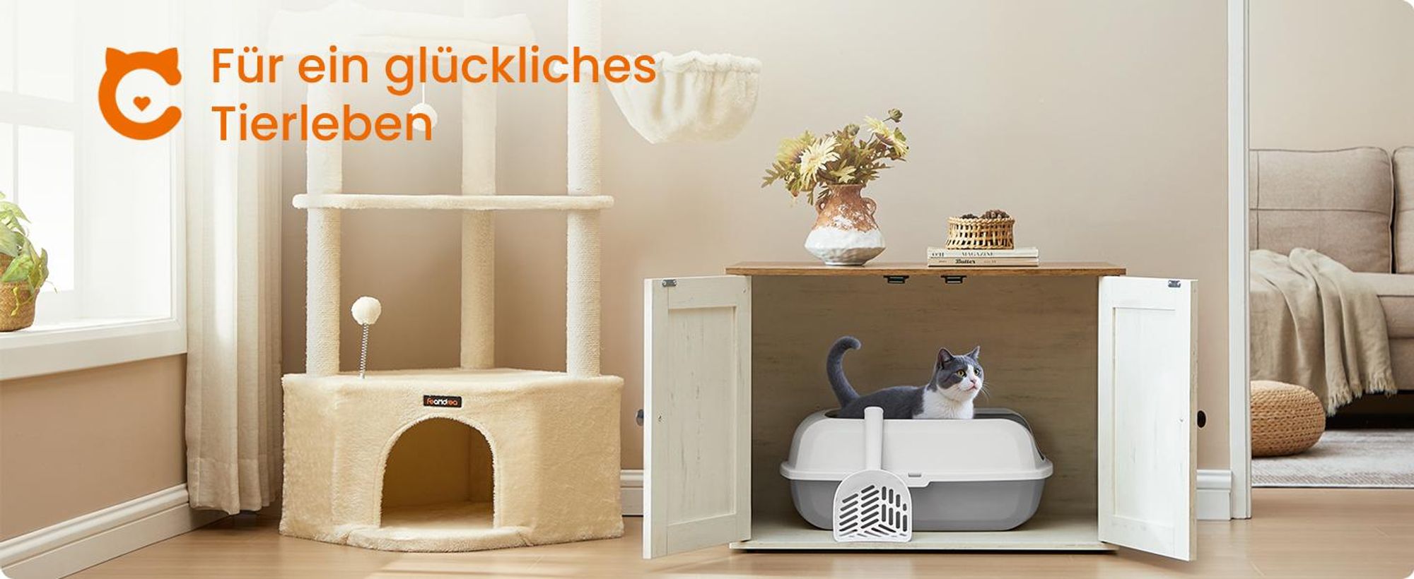 Feandrea Katzenklo mit hohen Seitenwänden, XL, offene Katzentoilette, mit Schaufel, für Kätzchen und große Katzen, wolkenweiß