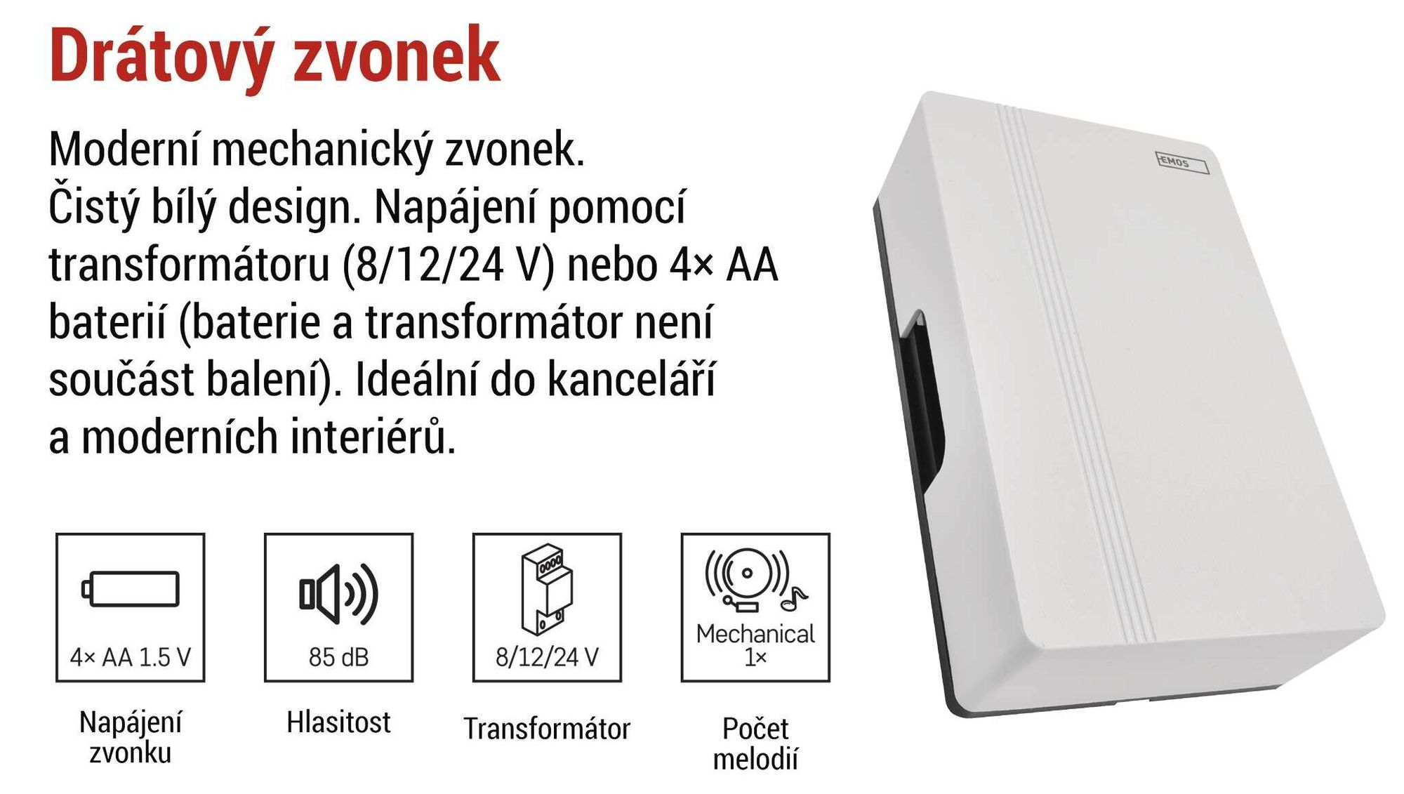 EMOS 2drátový zvonek s dvojitým napájením, 1 melodie, hlasitost 85 dB, kabelový, pro montáž na stěnu, obdélníkový, P57102