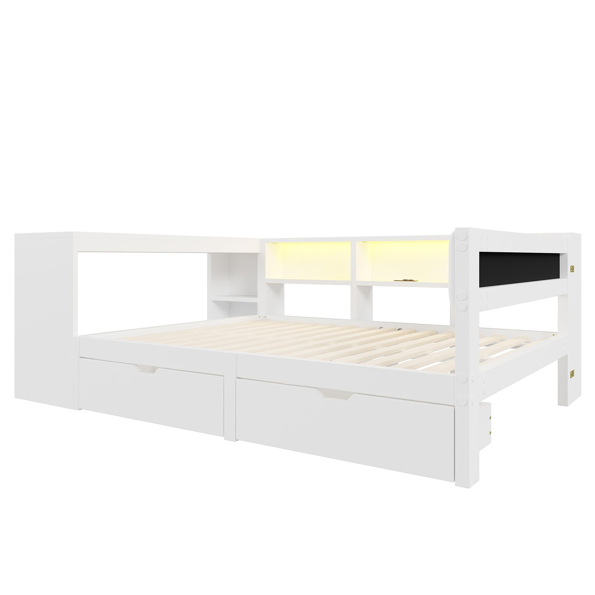 Merax Tagesbett Schlafsofa 140x200 cm mit Steckdosen, LED, 2 Schubladen, Schreibtisch, Ablagefach, Gepolstertes Kopfteil, Kinderbett, Holzbett, Weiß