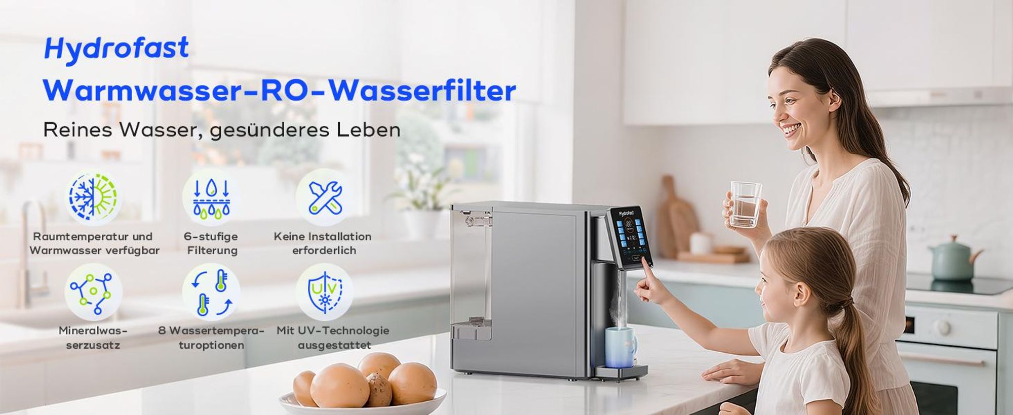Hydrofast Wasserfilter W100 Tisch-Wasseraufbereiter mit Heiß- und Trinkwasser, Umkehrosmose, 8 Temperaturstufen, 6-stufige Filtration, UV-Sterilisat