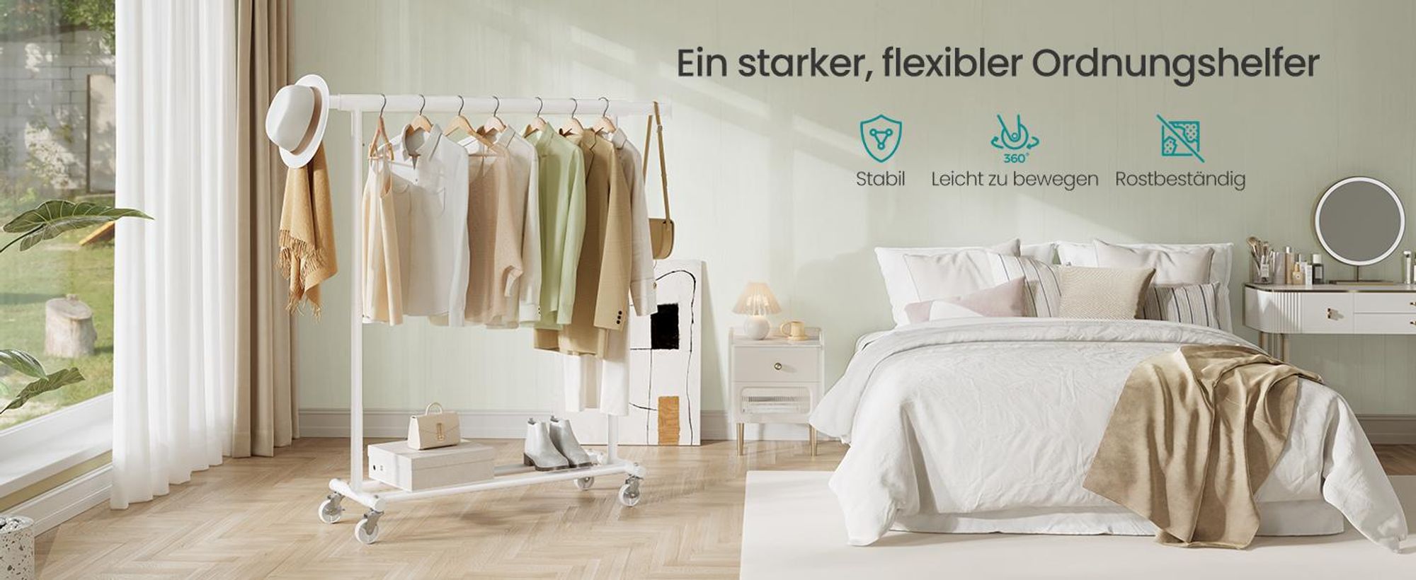 SONGMICS Kleiderständer Garderobenständer auf Rollen bis 90 kg belastbar klassikweiß