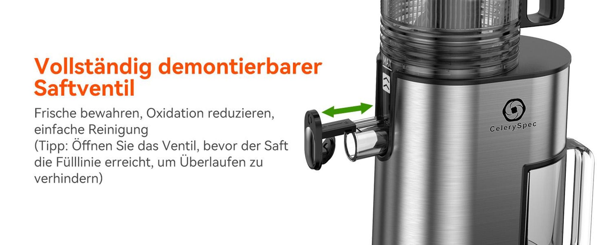 CelerySpec SJ-048-EU-SS Entsafter - Für Ganze Gemüse und Obst 250W Leistung 1.8L Kapazität Saftpresse lebensmittelechtes Material Edelstahl 130 mm Einfüllöffnung Rücklauffunktion - Silber