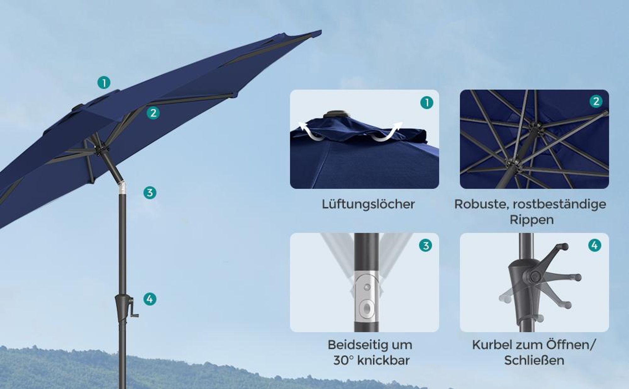SONGMICS Sonnenschirm Ø300 cm UPF 50+ beidseitig um 30° knickbar