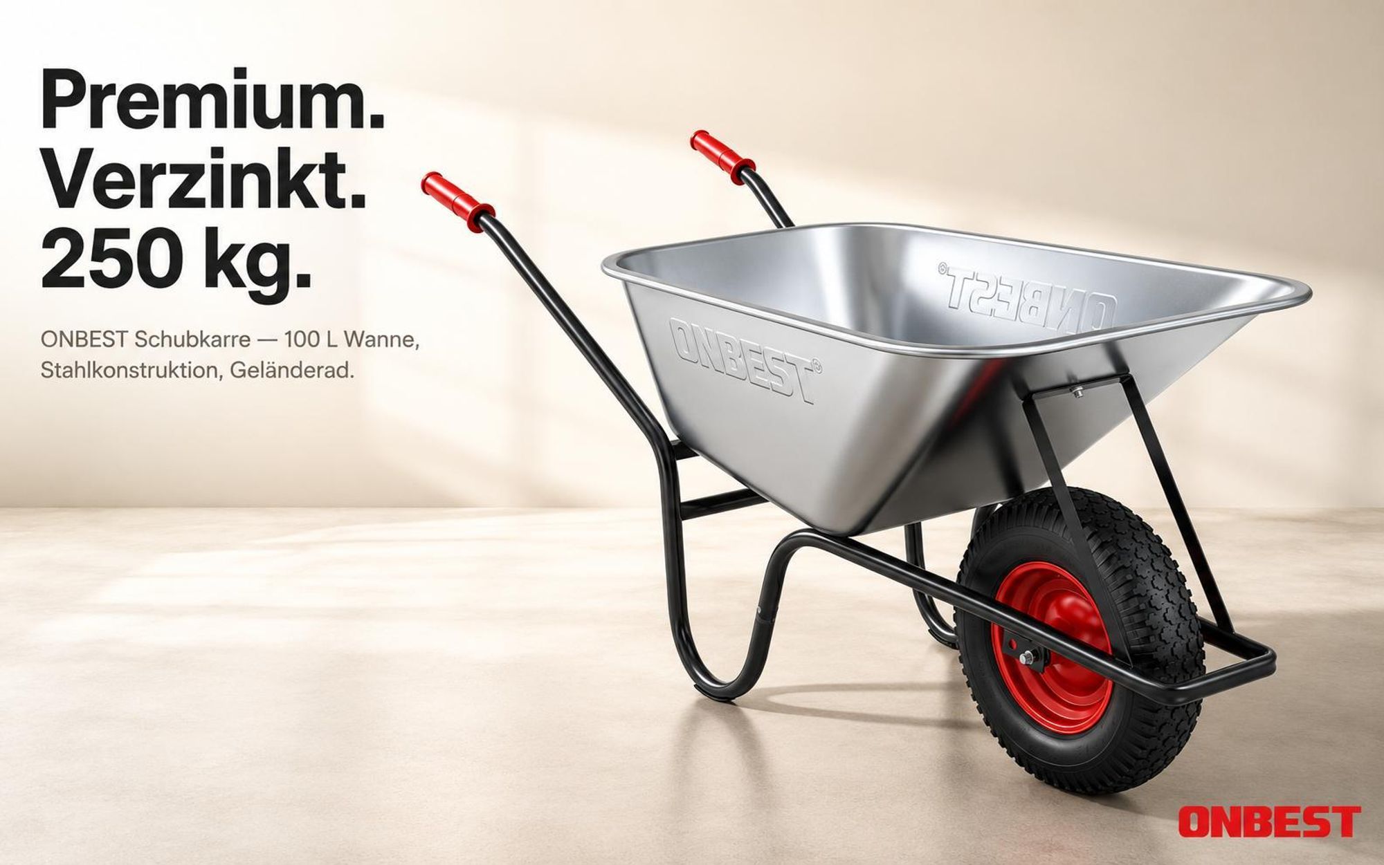 ONBEST Schubkarre WB250 | inklusive Gartenabfallsack | 100 L | 250 kg Tragkraft | Verzinkt | Luftreifen