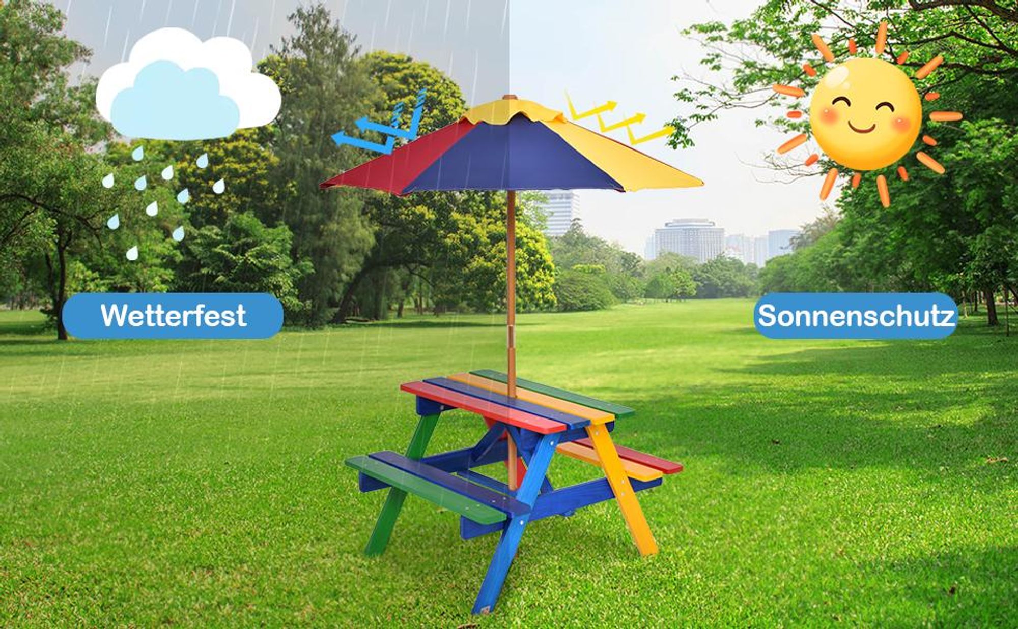 COSTWAY Kindersitzgruppe mit Sonnenschirm, Kindersitzgarnitur aus Massivholz, Kinder Picknicktisch, Sitzgruppe Outdoor, Sitzgarnitur, Gartenmöbel