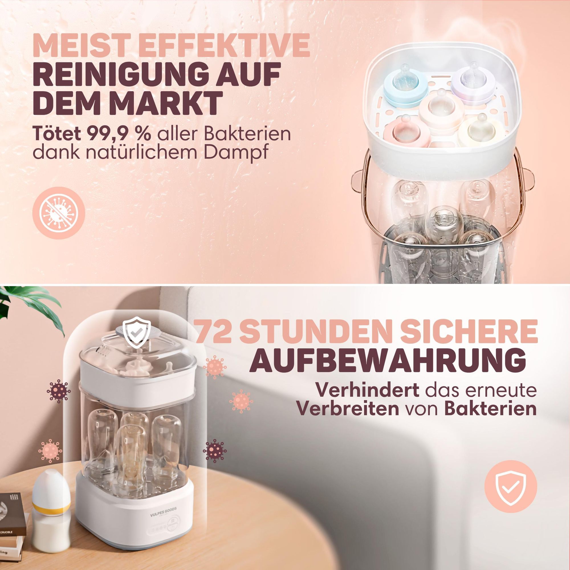 Vulpes Goods PRO Sterilisator für Babyflaschen 5-in-1 Komplettfunktion, Flaschensterilisator Baby Reinigungsset mit Dampftechnologie