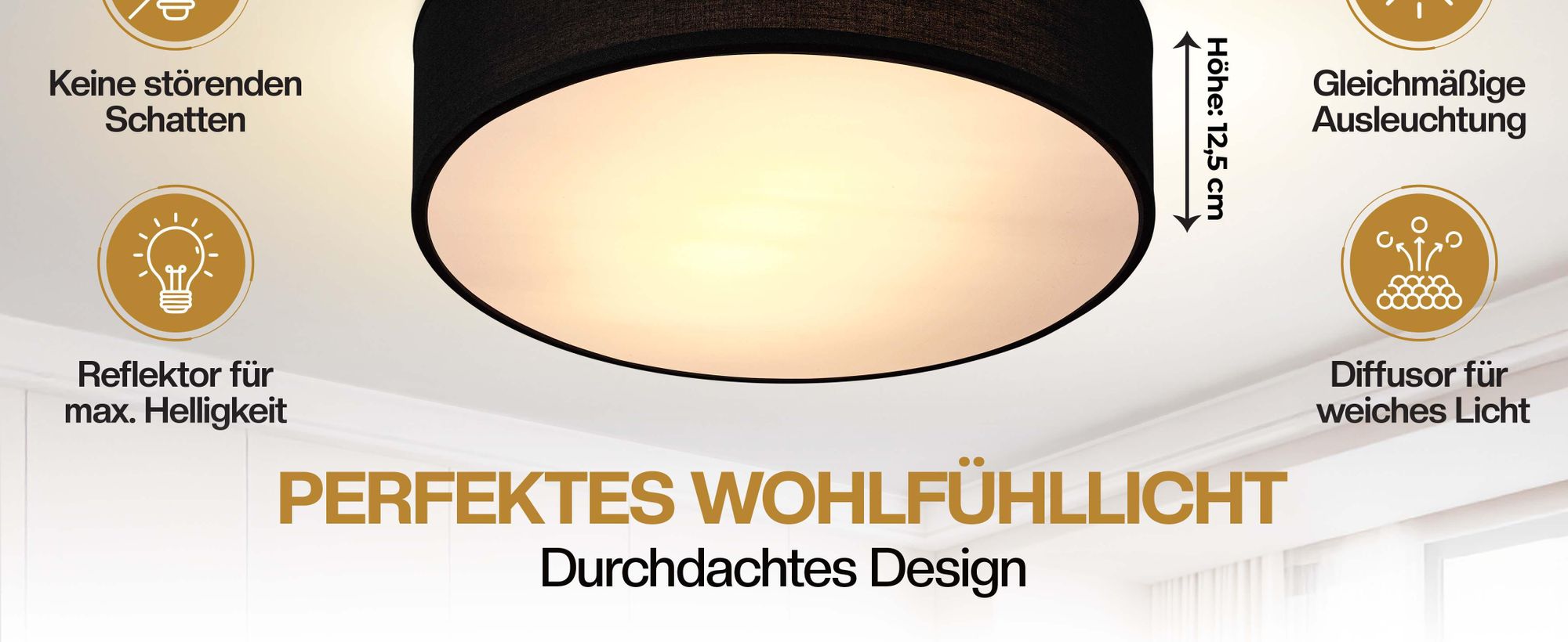 MONZANA® Deckenlampe Stoff Wohnzimmer Schlafzimmer E27 Schwarz 38cm Rund 2-Flammig 40W Lampe Flur Küche Deckenstrahler Deckenleuchte Stoffdeckenlampe