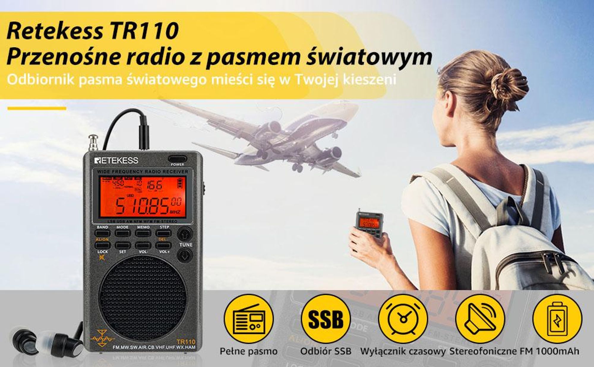 Przenośne radio cyfrowe Retekess TR110, funkcja BBS na falach krótkich, Załóż słuchawki,pasmo lotnicze FM MW na całym świecie, timer uśpienia