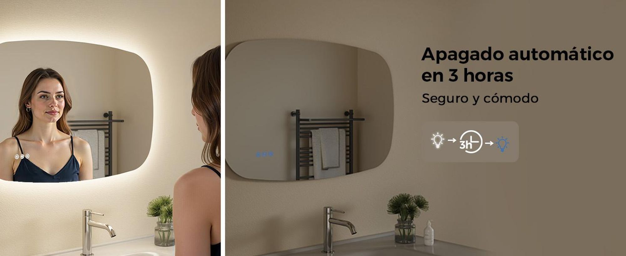 Espejo de baño S'AFIELINA, 80x50 cm. Espejo LED oval con interruptor táctil, regulable en intensidad, 3 colores de luz ajustables, antiniebla y con función de memoria