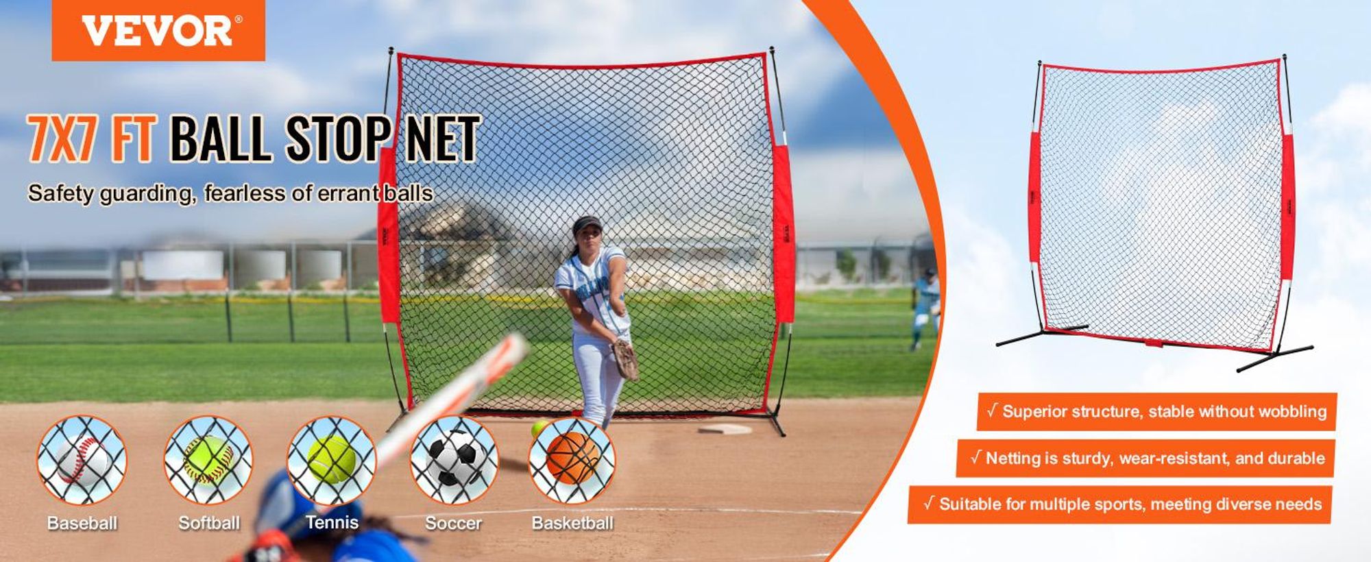 VEVOR Barricade Backstop Netz, 7x7 ft Ball Sport Barriere Netz, Tragbare Übungsgeräte mit Tragetasche, Schutzschirm für Baseball Softball Lacrosse Fußball Hockey Training, für den Garten