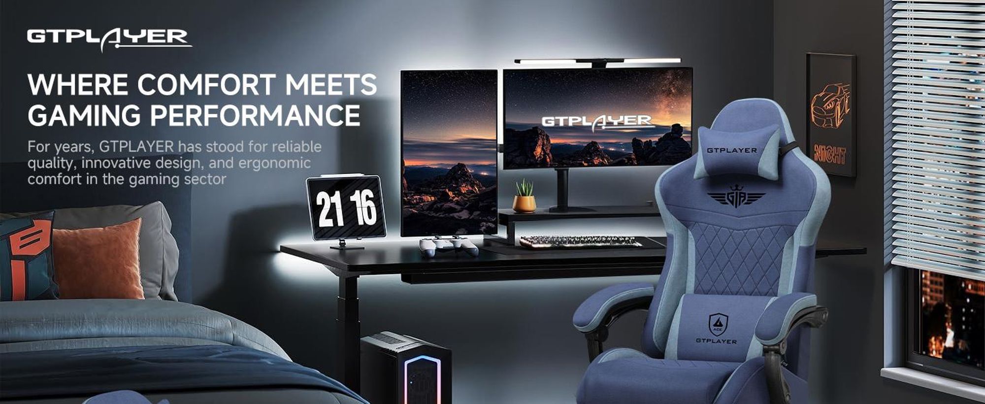 GTPLAYER Herní židle, Ergonomická herní židle z látky s bederní opěrkou, židle k PC s rozšířeným opěradlem, nosnost až 150 kg, tmavá