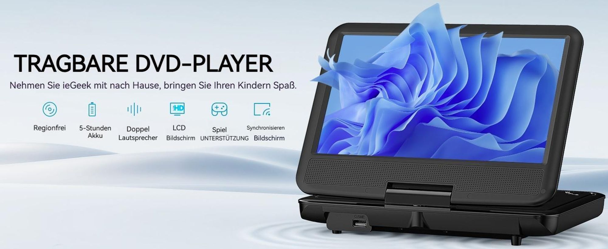 11,5" Tragbarer DVD-Player mit 9,5" HD-Schwenkbildschirm ideal fürs Auto Memory-Playback-Funktion und 4-6 Stunden Akkulaufzeit Kein Blu-ray-Support