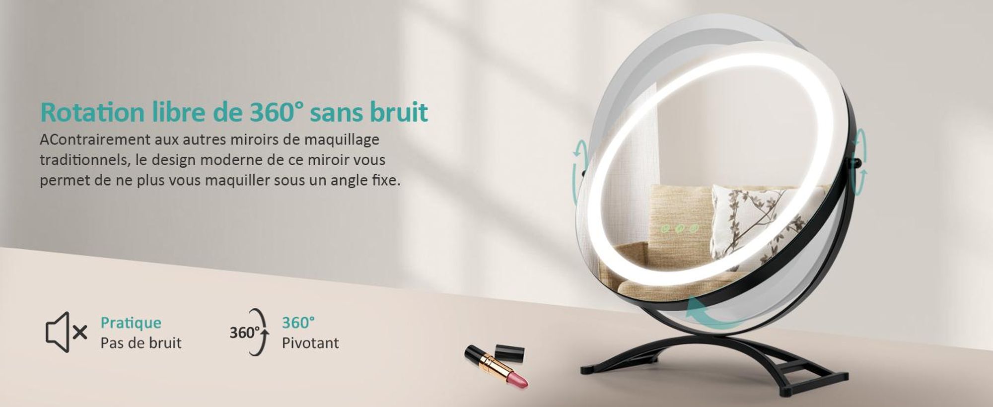 EMKE Miroir de maquillage avec éclairage, miroir Hollywood avec 3 couleurs de lumière, contrôle smart touch Miroir de maquillage avec lumière pivotant à 360°, luminosité réglable et fonction mémoire (Φ400mm, noir)