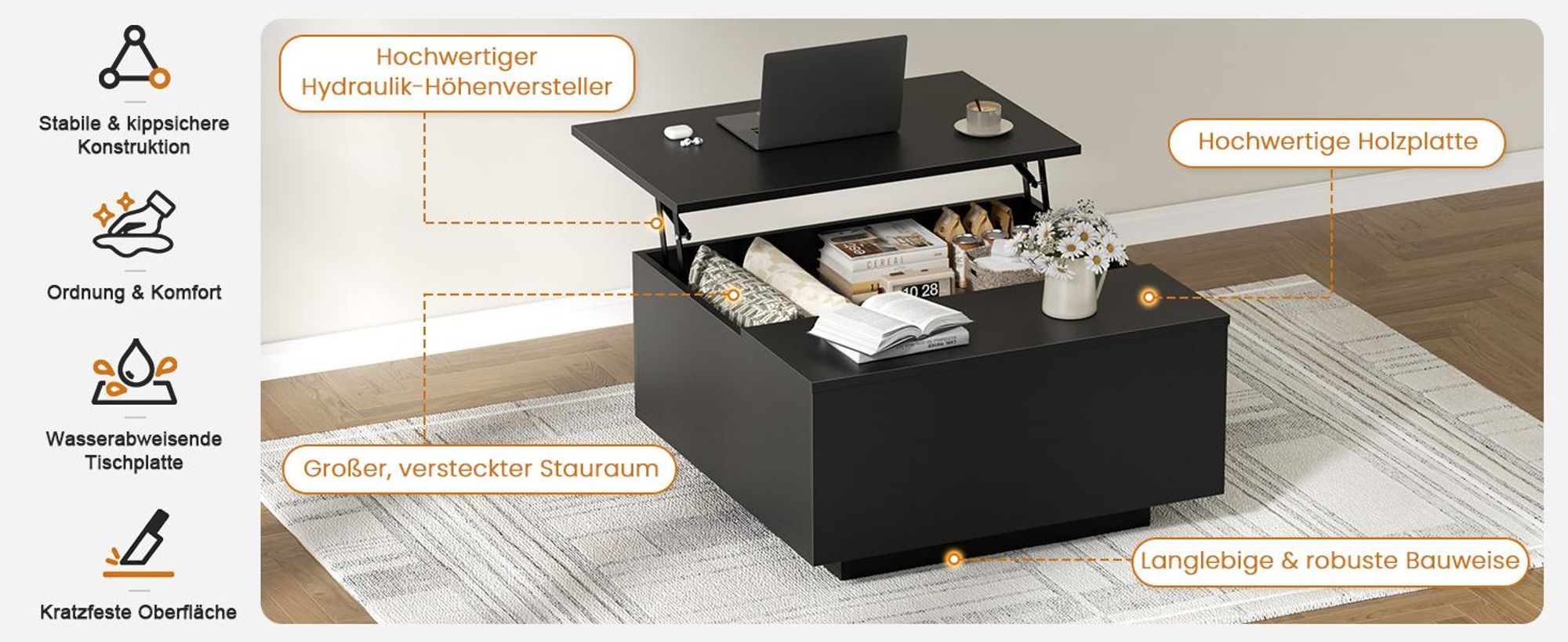 FABATO Couchtisch eckig, höhenverstellbar mit verstecktem Staufach, Landhaus-Design in Schwarz
