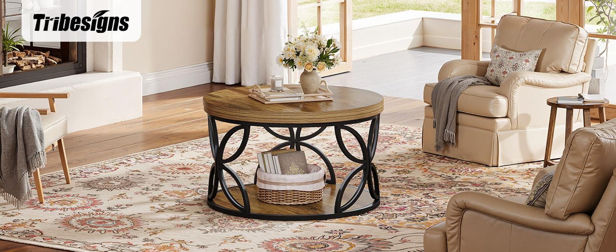 Okrągły stolik kawowy Tribesigns, industrialny 2-poziomowy okrągły stolik kawowy z miejscem do przechowywania, 80 cm nowoczesny drewniany stolik akcentujący do salonu