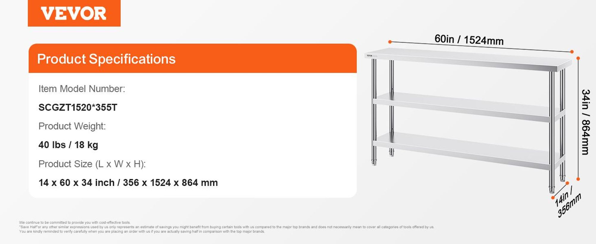 VEVOR Edelstahl Vorbereitungs Tisch, 24 x 24 x 34 Zoll, Schwerlast Metall Arbeitstisch mit 3 verstellbaren Höhenstufen, Gewerbliche Arbeitsstation für Küche Garage Restaurant Garten, 356x1524x864 mm