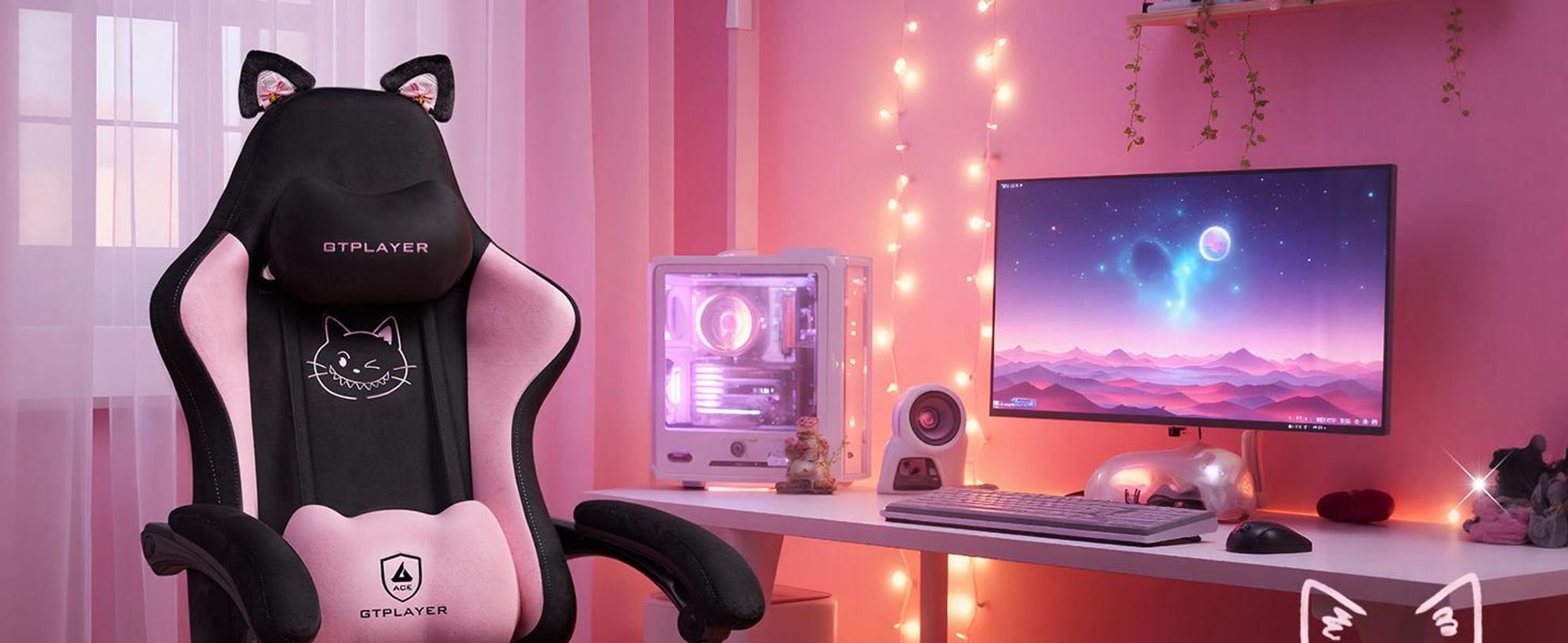 GTPLAYER Roztomilá herní židle se sametovou tkaninou, herní židle, ergonomická kancelářská židle, herní židle s kočičíma ušima, paměťovou pěnou a opěrkou nohou, 150 kg