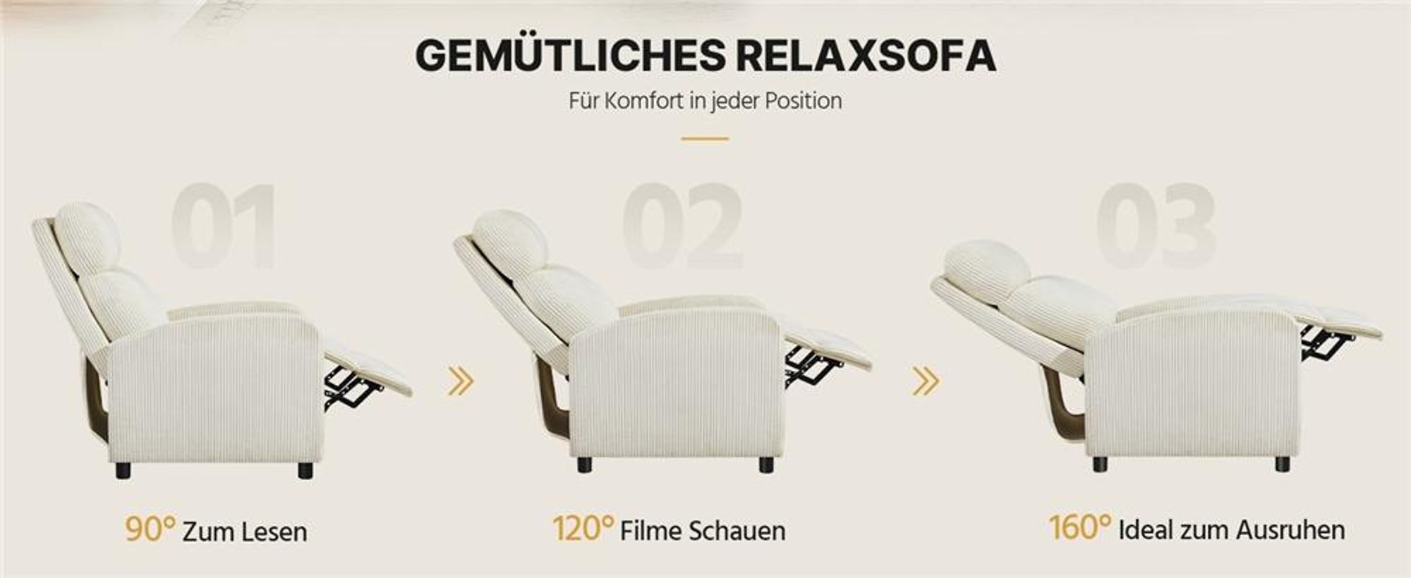 Yaheetech Fernsehsessel Relaxsessel aus Cordstoff mit Verstellbarer Beinablage, Beige