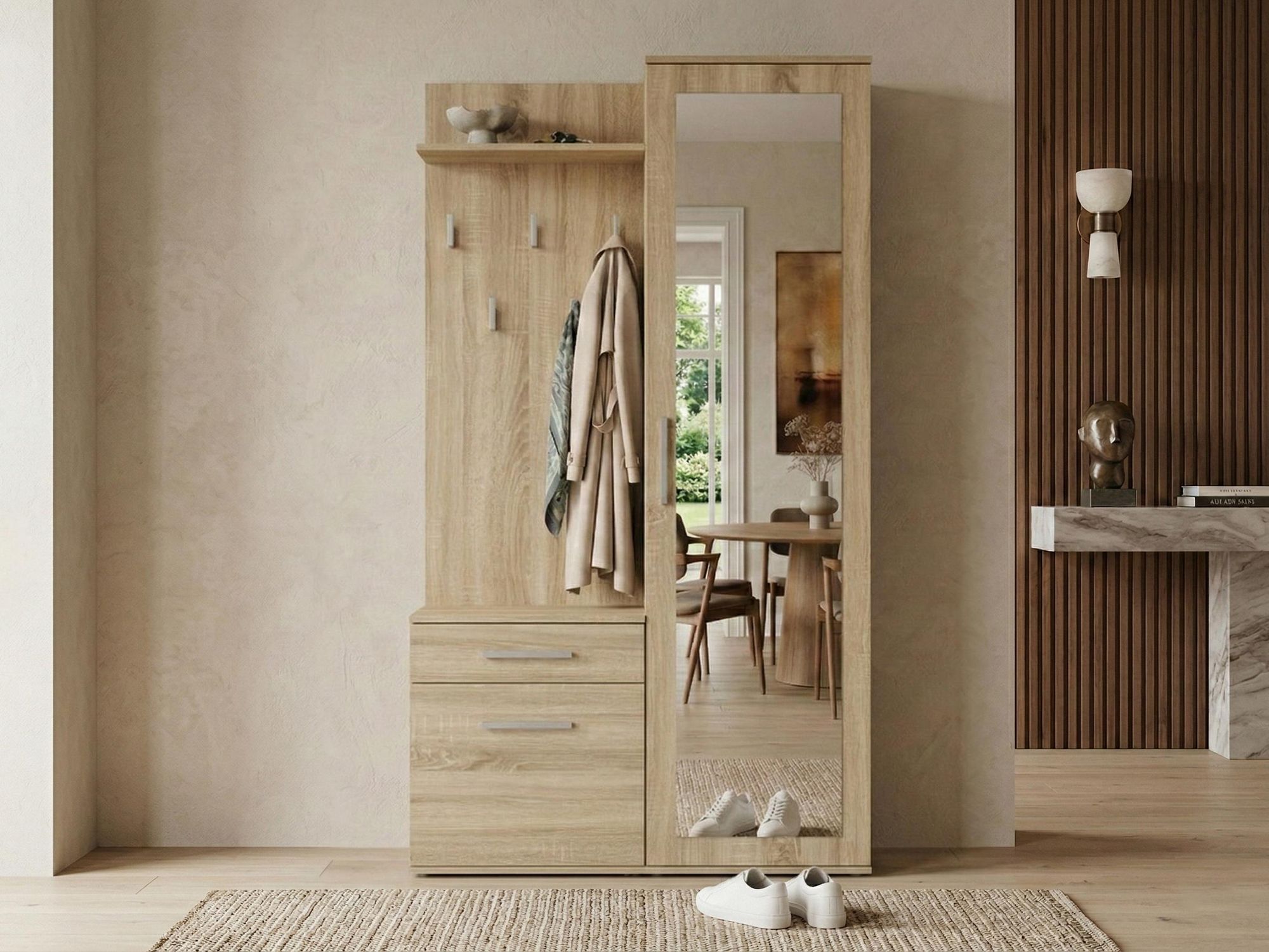 BEAUTYSOFA | Vestiaire compact FIORA - Ensemble vestiaire modulaire Vestiaire d'entrée avec miroir, meuble à chaussures, chêne Sonoma
