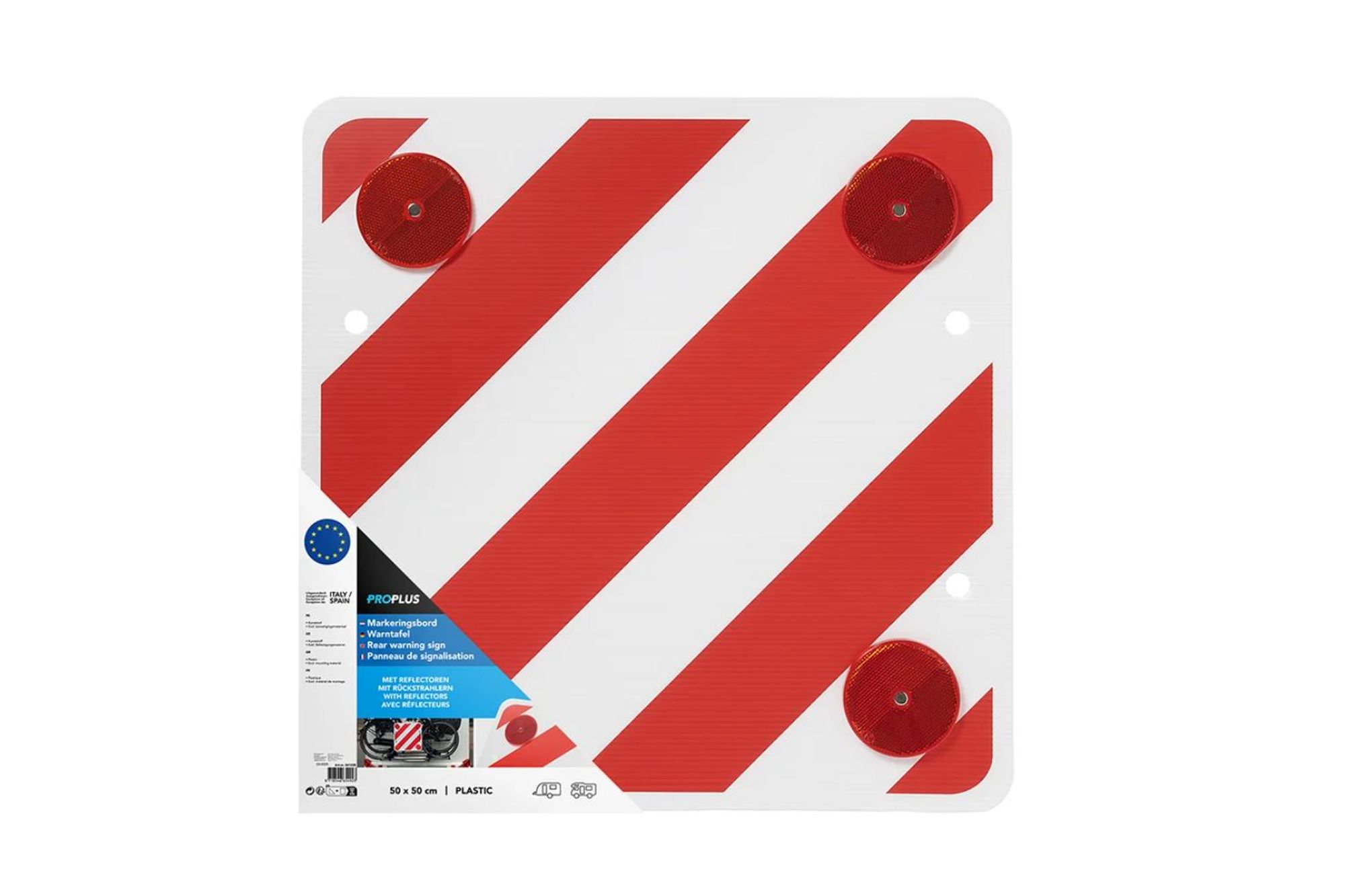 Heckwarnschild aus Kunststoff 50x50cm mit Reflektoren