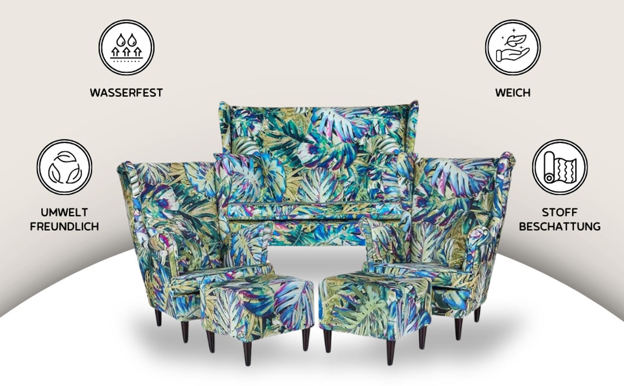 Family Meble Set aus Sofa + 2 Sessel + 2 Hocker Print 2-Sitzer Sofa Couch Freistehendes Lounge Sofa Bequem zum Entspannen Wohnzimmer Büro (ROSE 01)