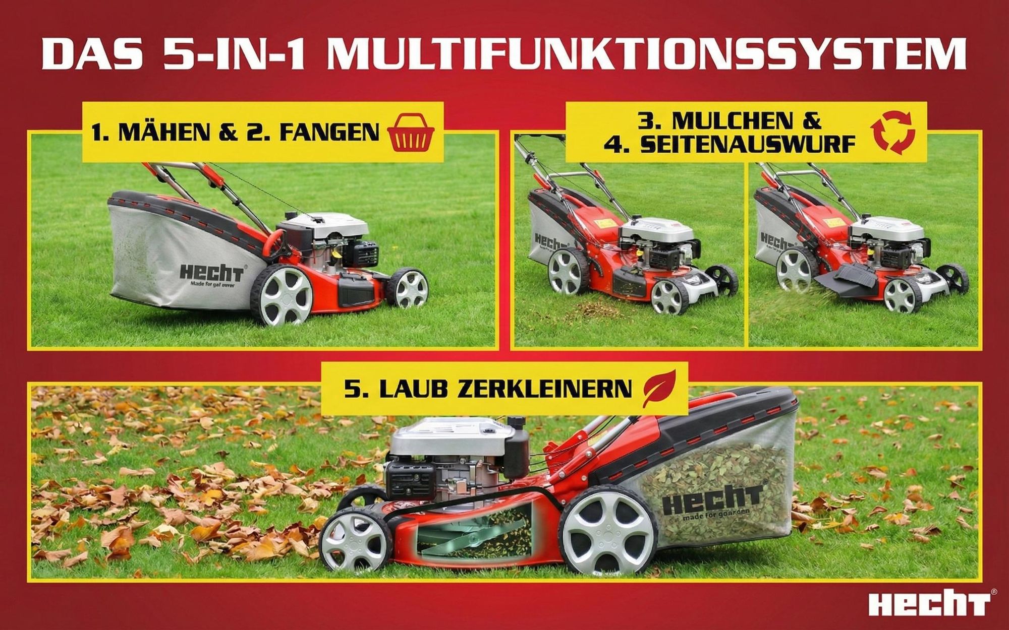 HECHT 5484 SX Rasenmäher Benzin | mit Antrieb | 46 cm Schnittbreite | 5in1 | 5PS | 60L | Grasfangkorb | zentrale Höhenverstellung