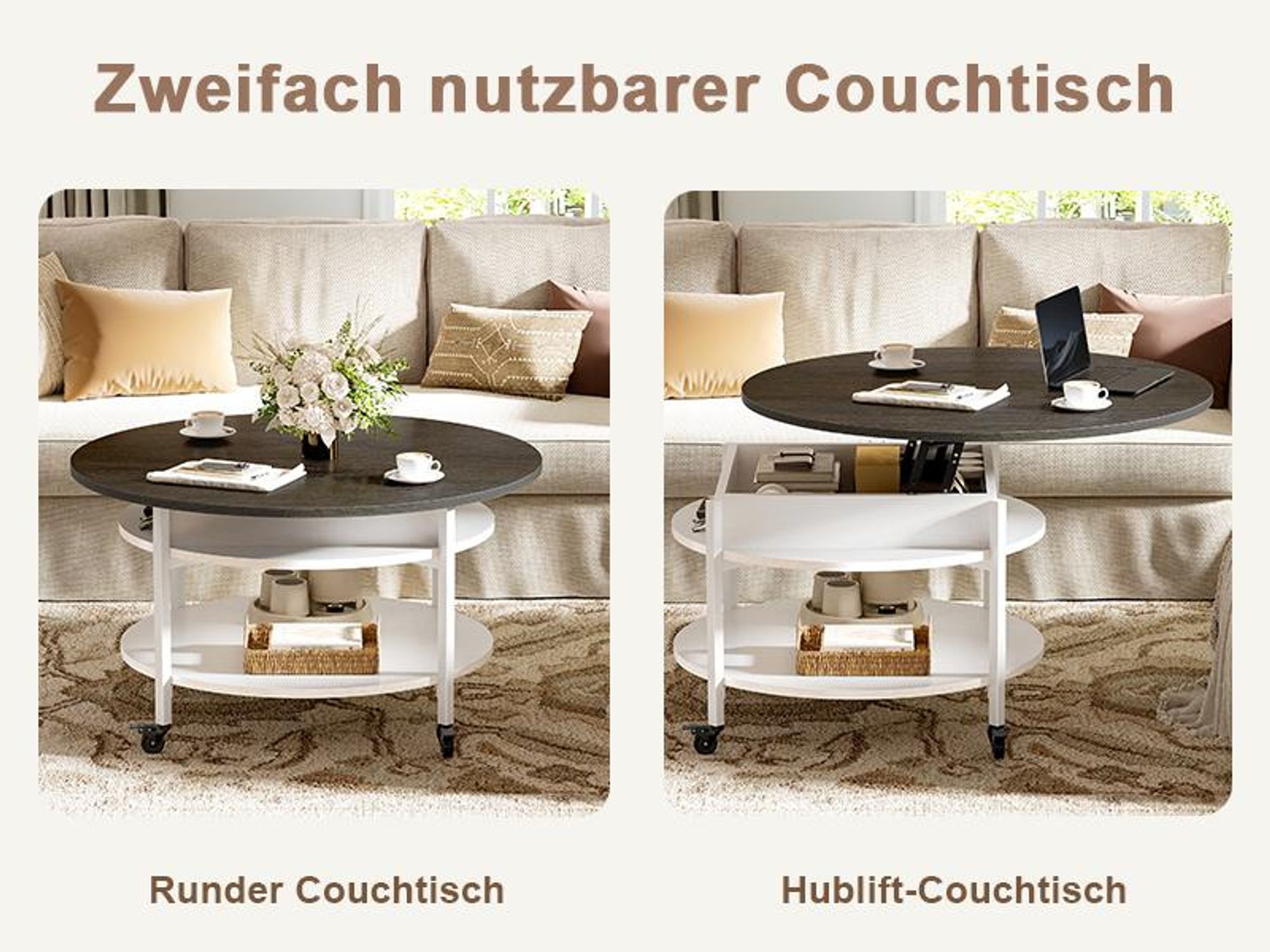 FABATO Runder Höhenverstellbarer Couchtisch mit Rädern und Staufach – 26,77 Zoll, 2-stufig, als Esstisch nutzbar, in Weiß