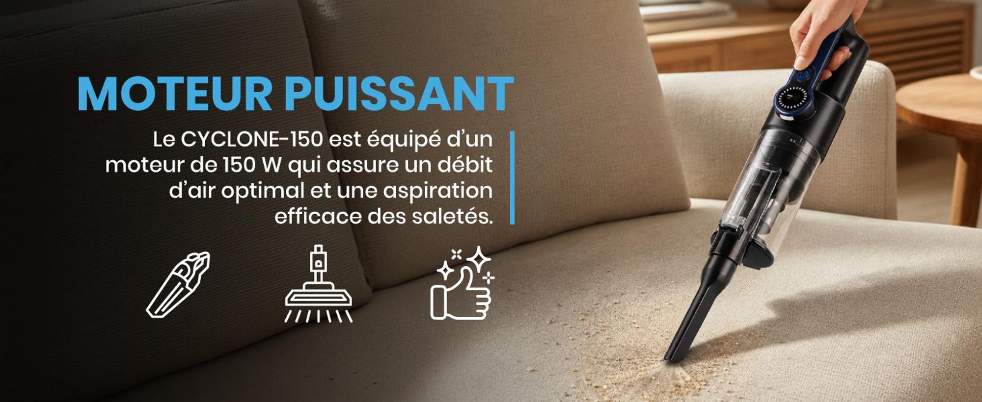 Aspirateur à main sans fil, mini aspirateur sans sac, idéal pour la voiture, le bureau et la maison. Inclut une fonction soufflerie, un filtre HEPA, une technologie cyclonique et une puissance d'aspiration de 18 kPa. Livré avec des accessoires
