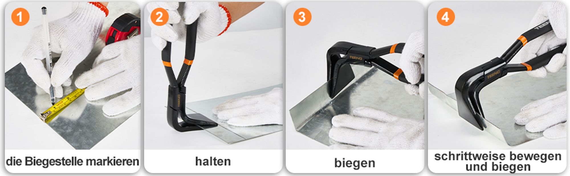 TEENO 4Tlg Abkantzange Biegezange, Falzzange 0° 45° 90°mit Blechschere, Maulbreite 60mm, aus Kohlenstoffstahl, Cr-V Metallschere mit Handschuhe