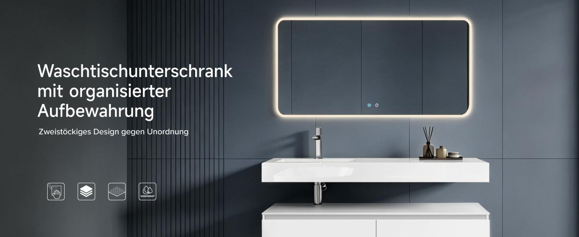 doporro Waschbecken-Unterschrank Badmöbel-Set in Weiß matt Design Waschplatz 150x48x25cm Badzimmerschrank inkl. Weiß matt Minralguss-Waschbecken und LED-Spiegel UP