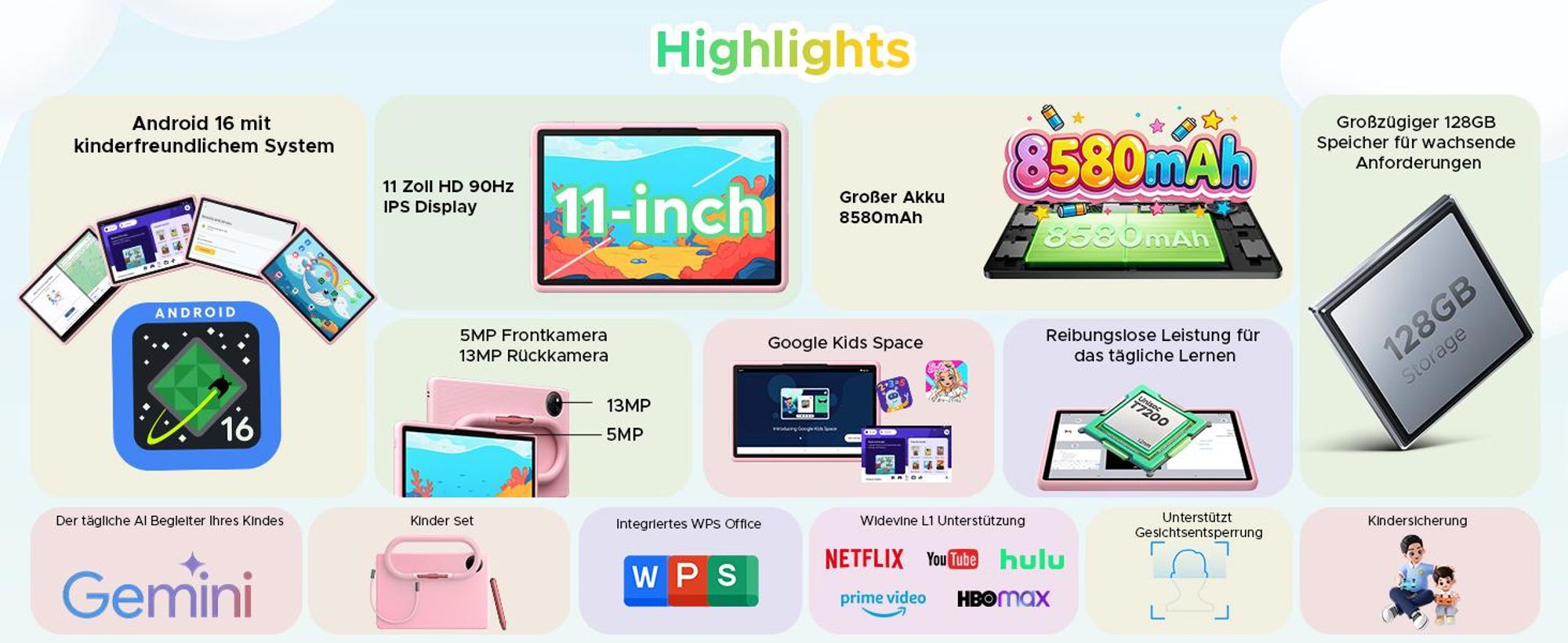 DOOGEE U11Kids 11" Tablet, Android 16,Gemini AI, 24(4+20)GB+128GB/2TB TF, 90Hz,8580mAh,WiFi Tablet für Kind mit Kindgerechte Hülle und Stift