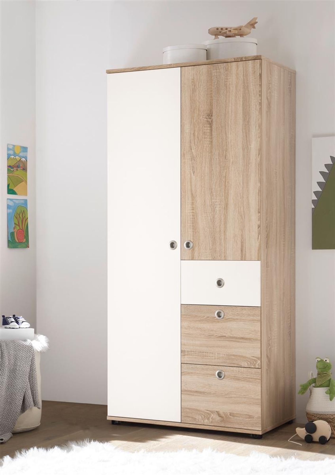Floris I Kinder-Kleiderschrank – moderner Kleiderschrank mit Schubkästen und höhenverstellbaren Einl