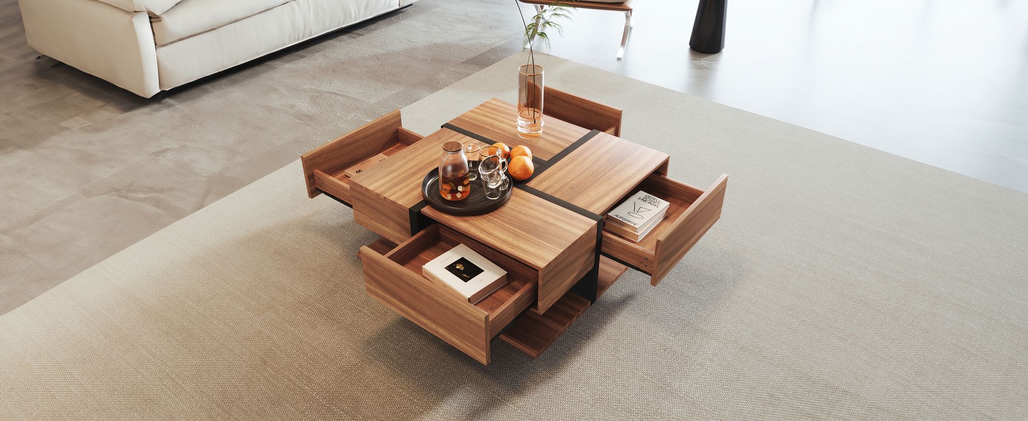 okwish Wohnzimmer-Couchtisch 78*78*36 cm, Couchtisch mit Stauraum unten, mit Barfunktion, einzigartiges farblich passendes Liniendesign (natürliche Farbe)