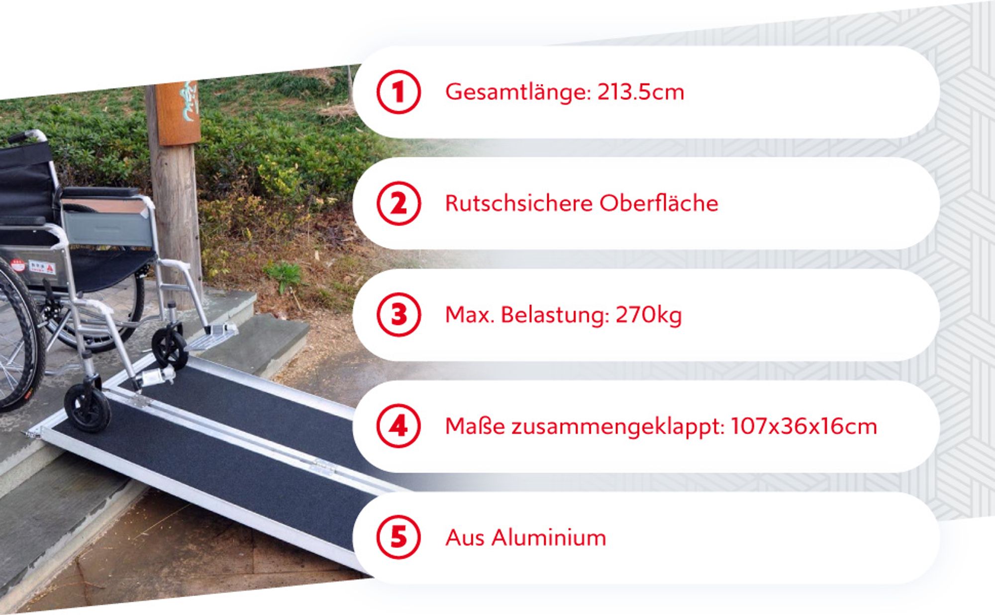 Wiltec Rollstuhlrampe doppelt faltbar 213cm 270kg, mobile Auffahrschiene mit rutschfester Oberfläche als Rollirampe, Aluminium Kofferrampe