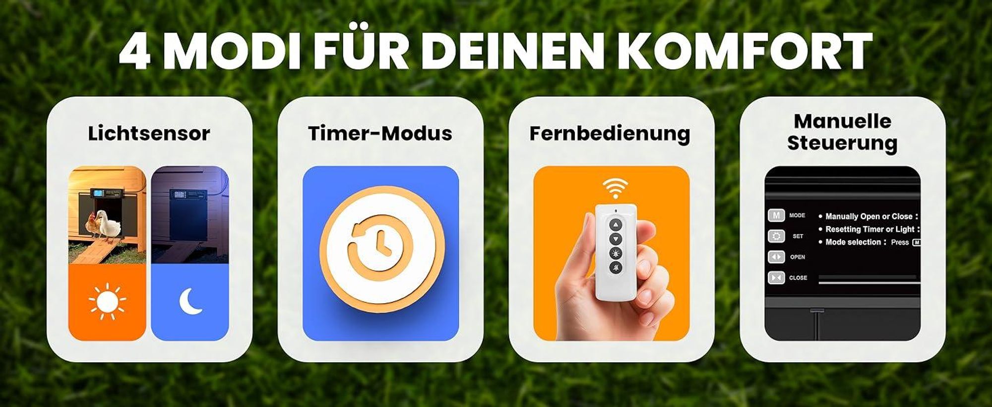 Automatische Hühnerklappe, Türöffner Hühnerstall, Hühnertür Automatischer Türöffner, Elektrische Hühnerklappe, LCD Display, Fernbedienung, Lichtsensor