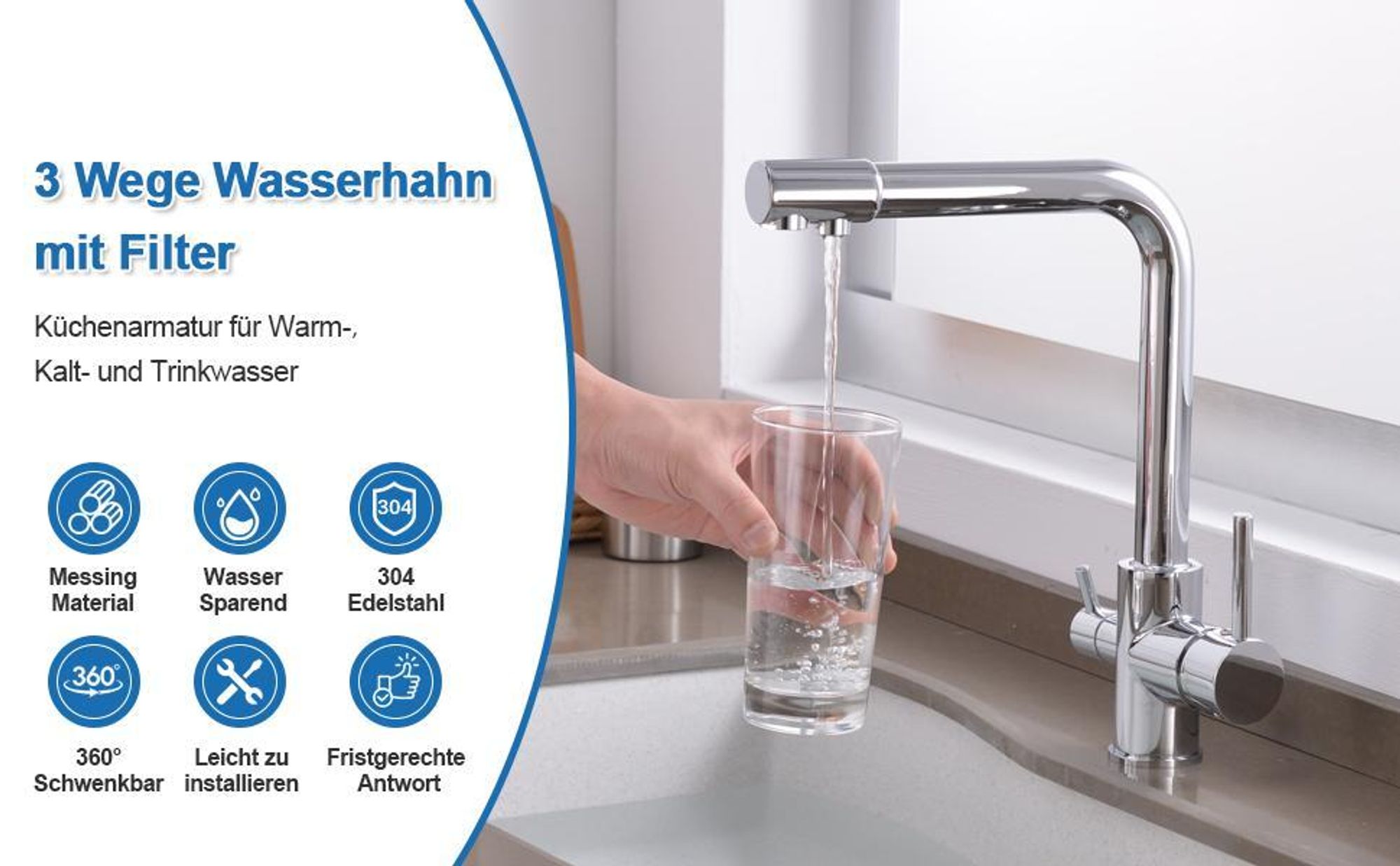 3 Wege Wasserhahn mit Filter-Mischbatterie Küche, 360° Drehbare, mit 3 Schlauches und Doppelhebel, Armatur zum Warmes/Kaltes/Gereinigtes Wasser